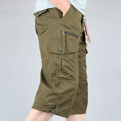 Men's Knee-Length Cotton Cargo Shorts - Multi-Pocket, Casual Summer Style.