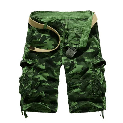 Loose Camouflage Cargo Shorts for Men - Military Style, Cotton, Knee-Length.