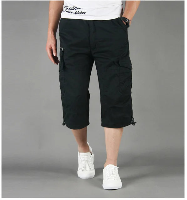 Men's Knee-Length Cotton Cargo Shorts - Multi-Pocket, Casual Summer Style.