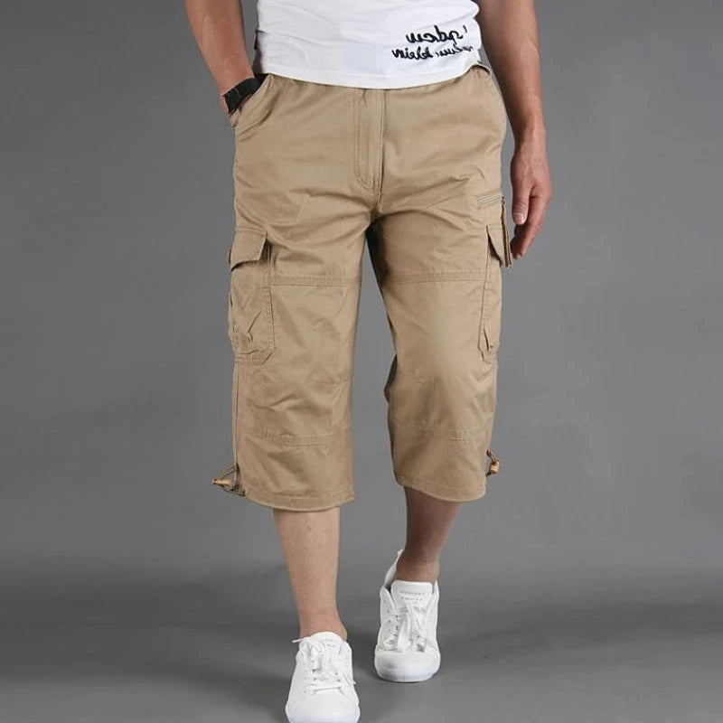 Men's Knee-Length Cotton Cargo Shorts - Multi-Pocket, Casual Summer Style.