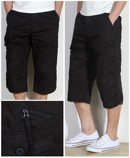 Men's Knee-Length Cotton Cargo Shorts - Multi-Pocket, Casual Summer Style.