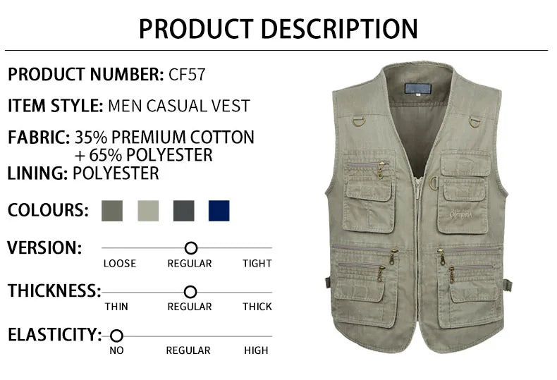 Men's Big Size Sleeveless Vest - 16 Pockets, Cotton, Casual Outdoor Waistcoat (XL-10XL).