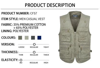 Men's Big Size Sleeveless Vest - 16 Pockets, Cotton, Casual Outdoor Waistcoat (XL-10XL).