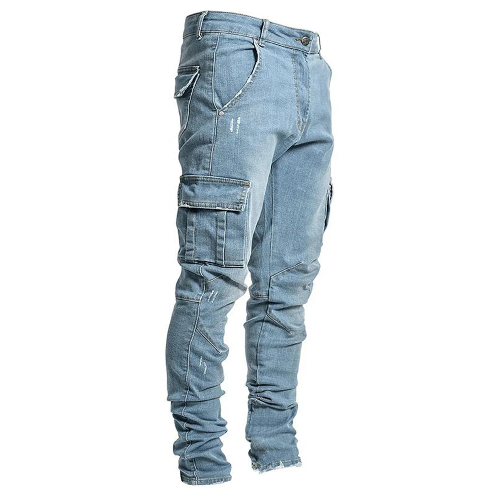 Men's Elastic Denim Cargo Jeans - Slim Fit, Multi-Pocket, Casual Streetwear Joggers.