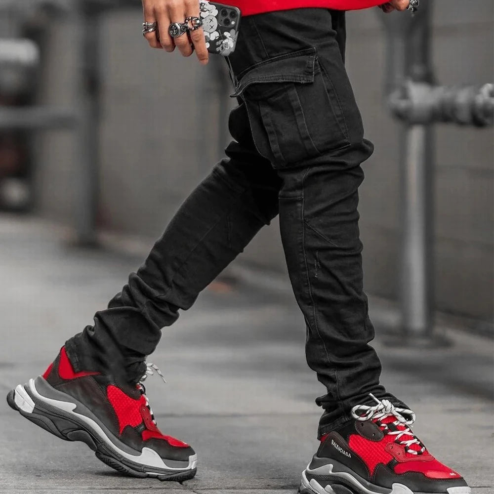 Men's Elastic Denim Cargo Jeans - Slim Fit, Multi-Pocket, Casual Streetwear Joggers.