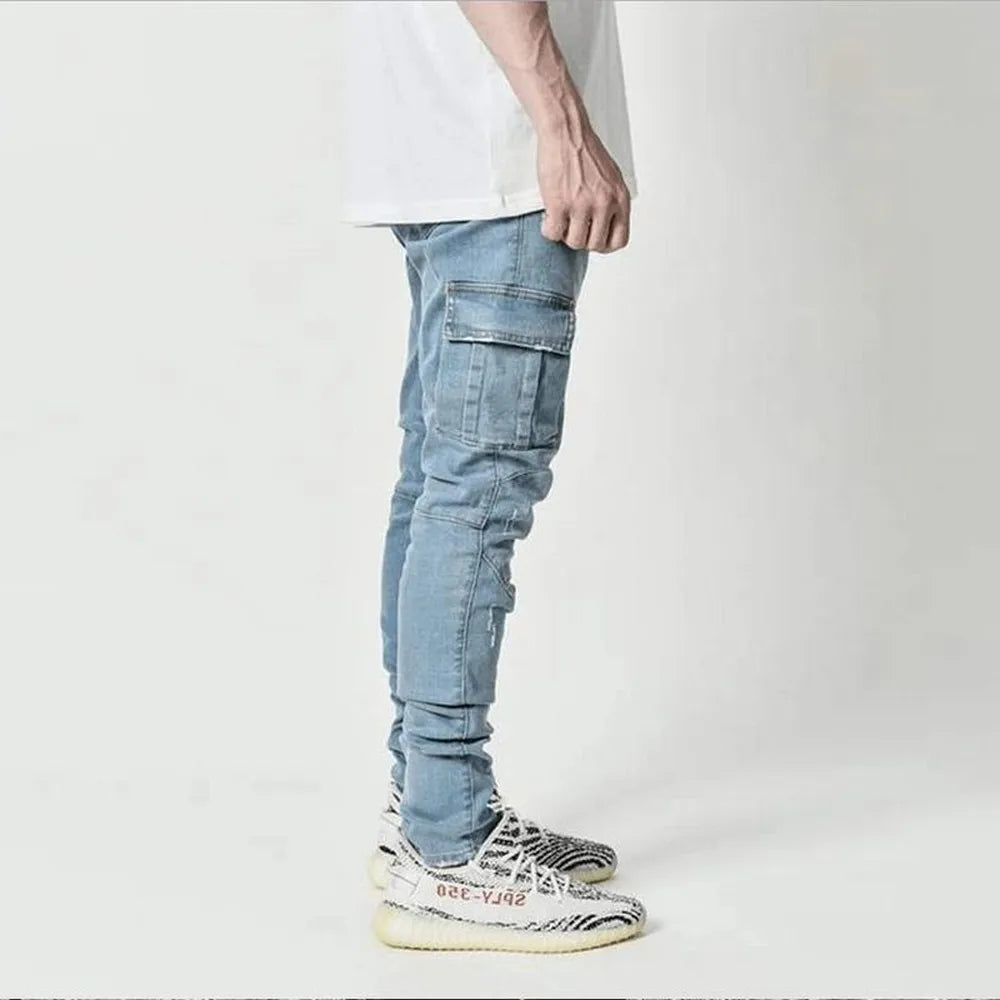 Men's Elastic Denim Cargo Jeans - Slim Fit, Multi-Pocket, Casual Streetwear Joggers.