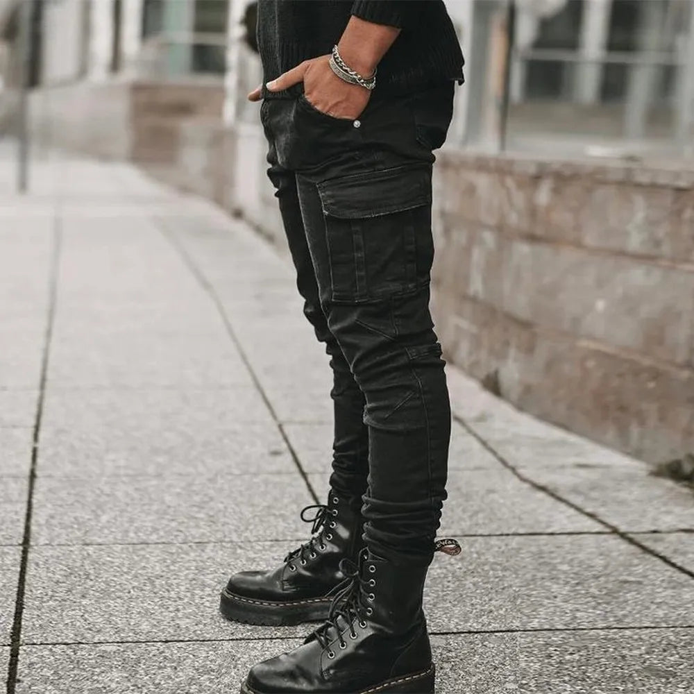 Men's Elastic Denim Cargo Jeans - Slim Fit, Multi-Pocket, Casual Streetwear Joggers.