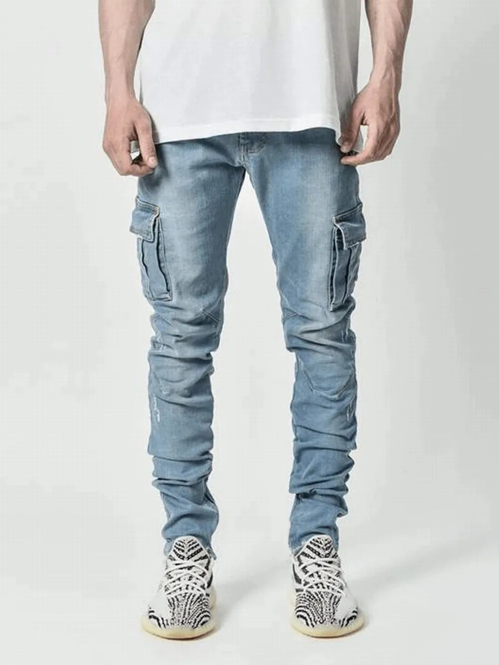 Men's Elastic Denim Cargo Jeans - Slim Fit, Multi-Pocket, Casual Streetwear Joggers.