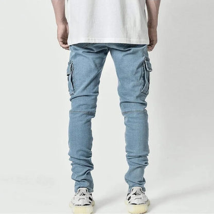 Men's Elastic Denim Cargo Jeans - Slim Fit, Multi-Pocket, Casual Streetwear Joggers.