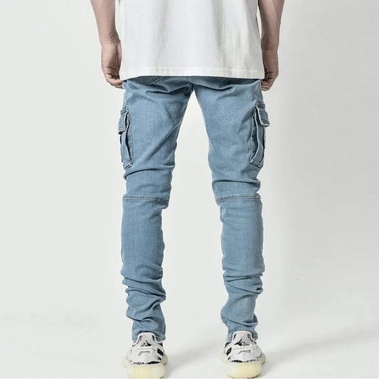 Men's Elastic Denim Cargo Jeans - Slim Fit, Multi-Pocket, Casual Streetwear Joggers.