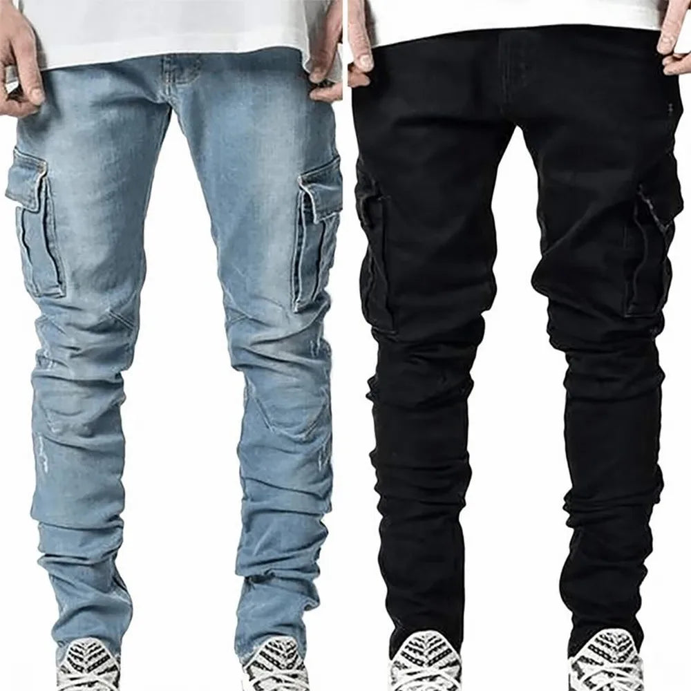 Men's Elastic Denim Cargo Jeans - Slim Fit, Multi-Pocket, Casual Streetwear Joggers.