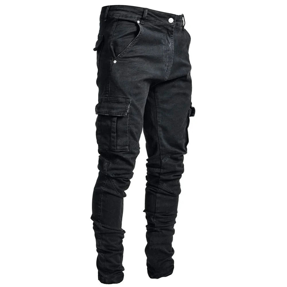 Men's Elastic Denim Cargo Jeans - Slim Fit, Multi-Pocket, Casual Streetwear Joggers.