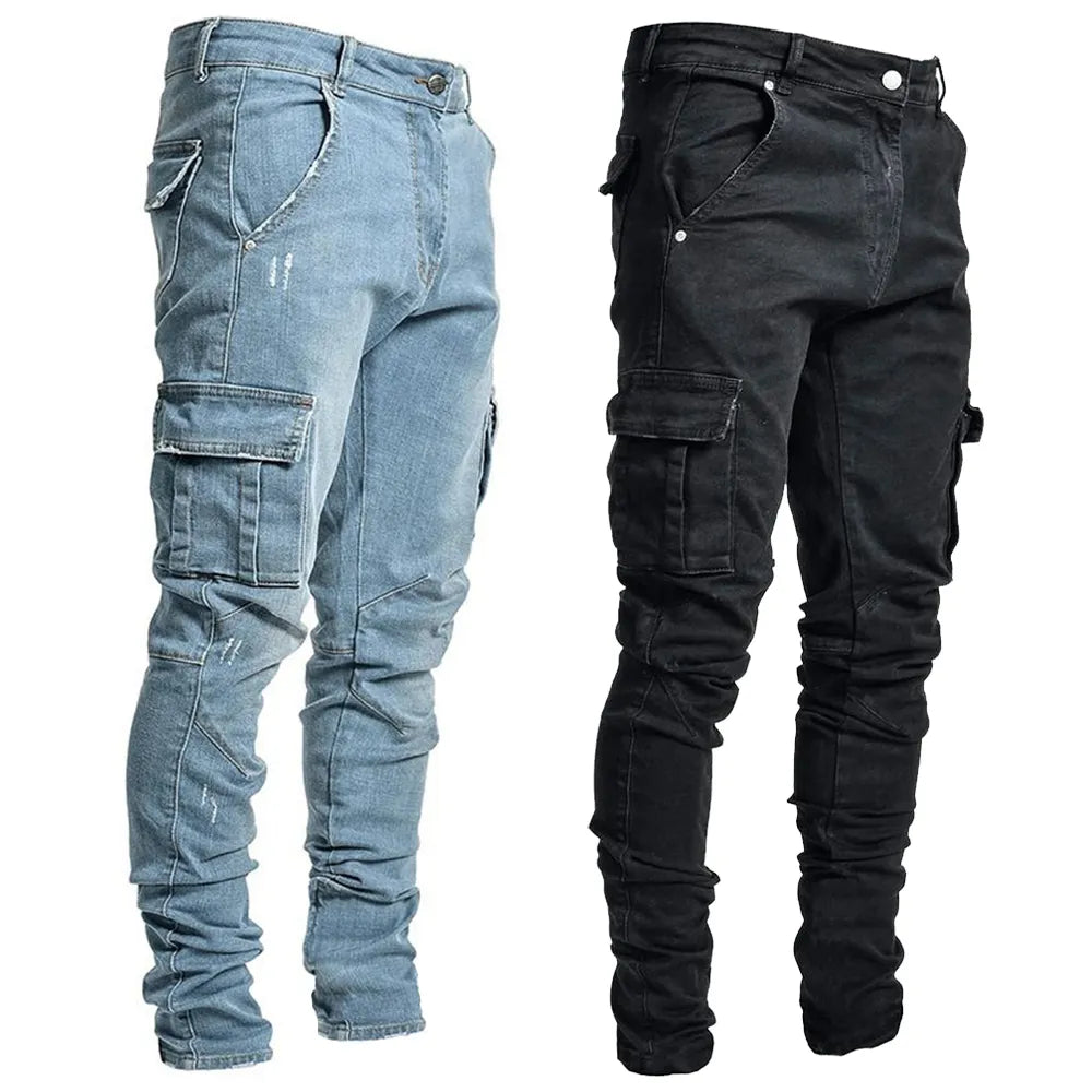 Men's Elastic Denim Cargo Jeans - Slim Fit, Multi-Pocket, Casual Streetwear Joggers.