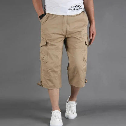 Men's Knee-Length Cotton Cargo Shorts - Multi-Pocket, Casual Summer Style.