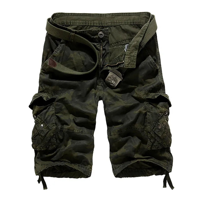 Loose Camouflage Cargo Shorts for Men - Military Style, Cotton, Knee-Length.